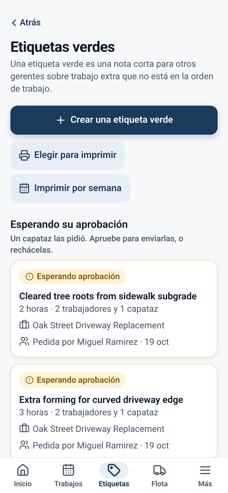 Lista de etiquetas verdes esperando la aprobación del gerente (datos de ejemplo)